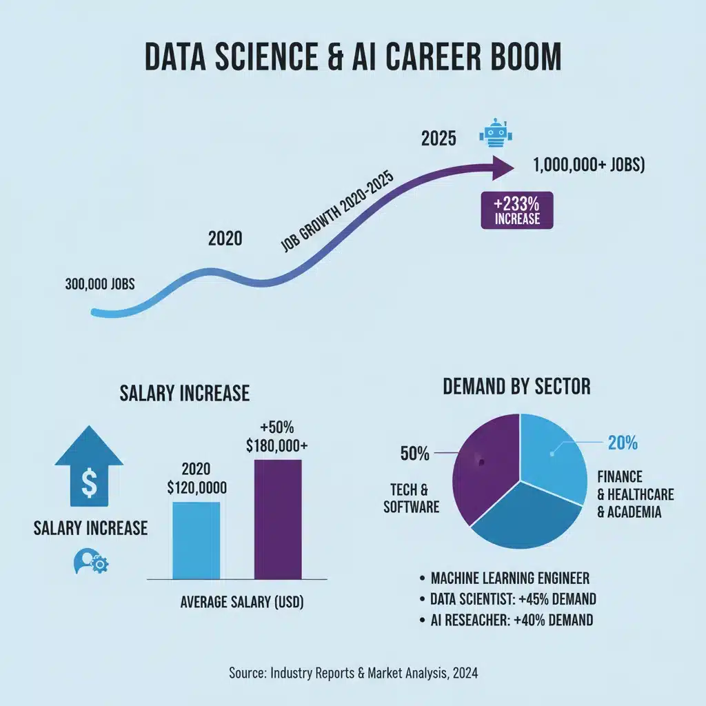 Infographic illustrating data science and AI job growth and salary increases