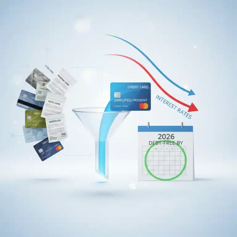 Multiple debts consolidating into one streamlined payment, symbolizing financial relief and lower interest rates in 2026.