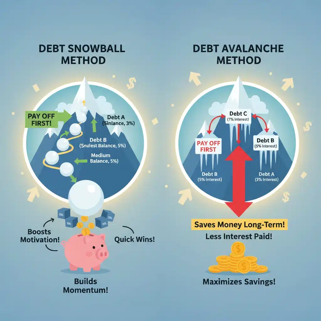 Infographic comparing debt snowball and debt avalanche methods