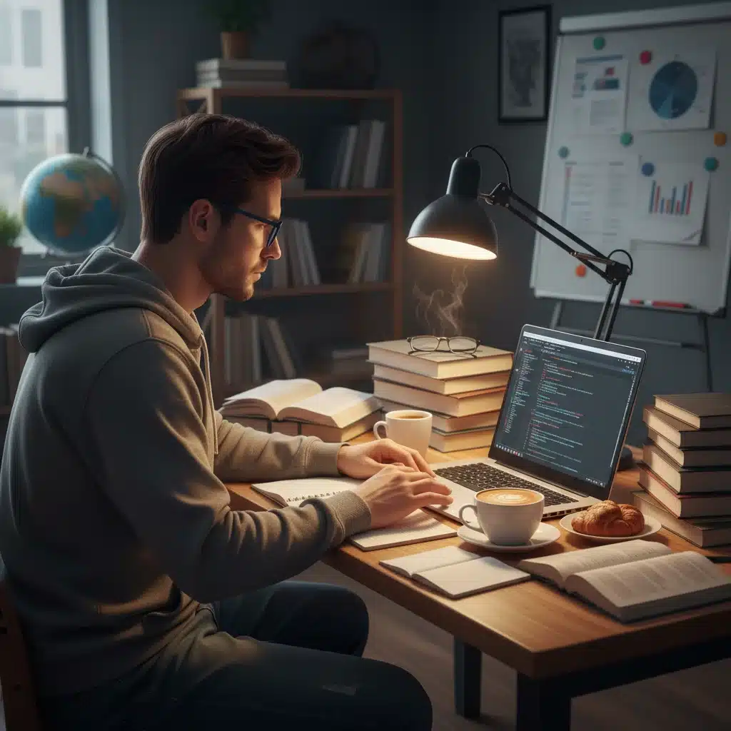 Person focused on laptop, surrounded by books, illustrating dedicated learning and skill acquisition.