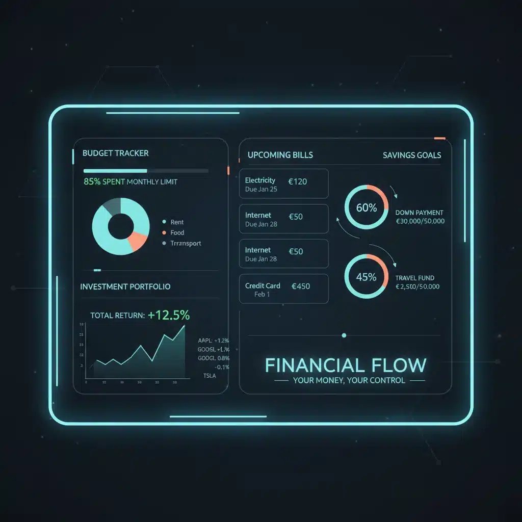 Digital financial dashboard showing budget and investment tracking