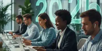 Professionals succeeding in a digital interview for a US job in 2026, showcasing confidence and modern technology.