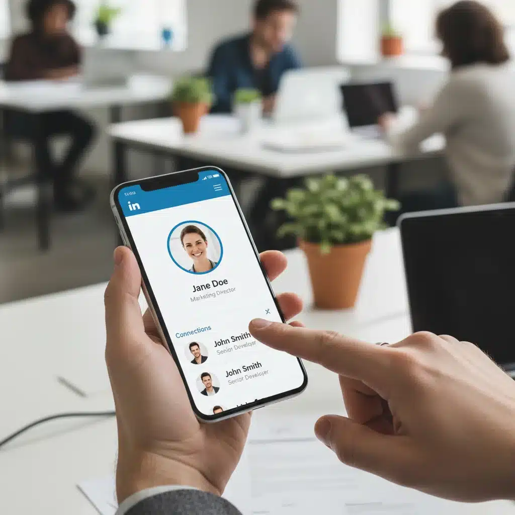 Digital networking on LinkedIn, highlighting a profile and connection on a smartphone screen.