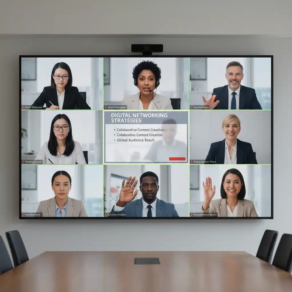 Diverse professionals engaging in an online video conference, demonstrating digital networking and content sharing.