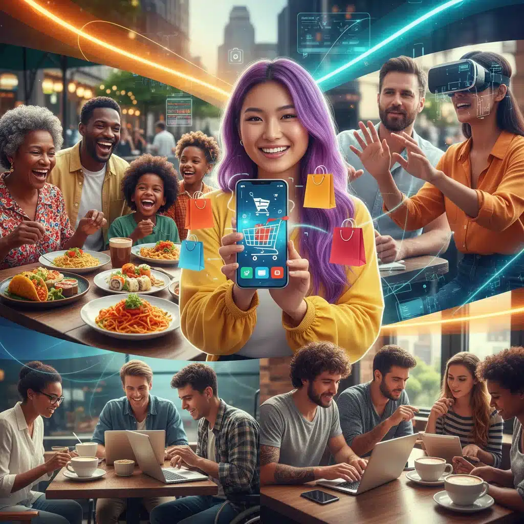 Diverse consumers engaging in various spending activities, representing changing consumer behavior and preferences.