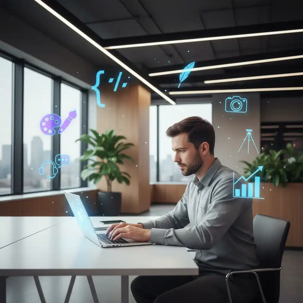 Person working on a laptop, surrounded by gig service icons, symbolizing diverse freelance opportunities.