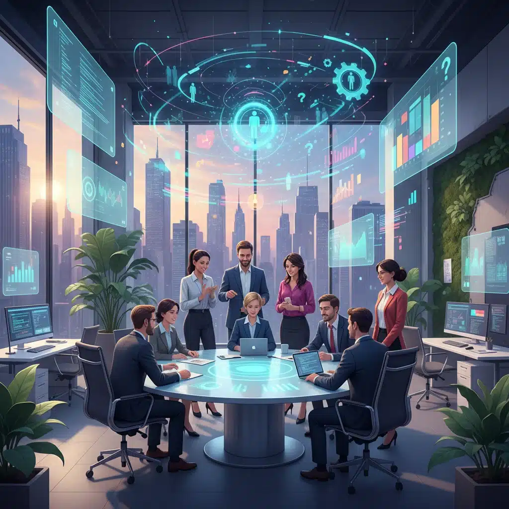 Diverse professionals collaborating in a modern office, representing a dynamic job market.