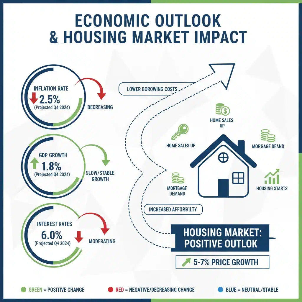 Infographic displaying economic indicators: inflation, GDP, interest rates, and their projected impact on the housing market.