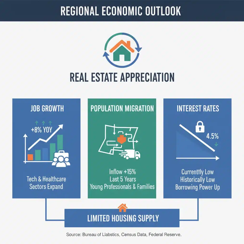 Infographic displaying key economic indicators influencing real estate appreciation.