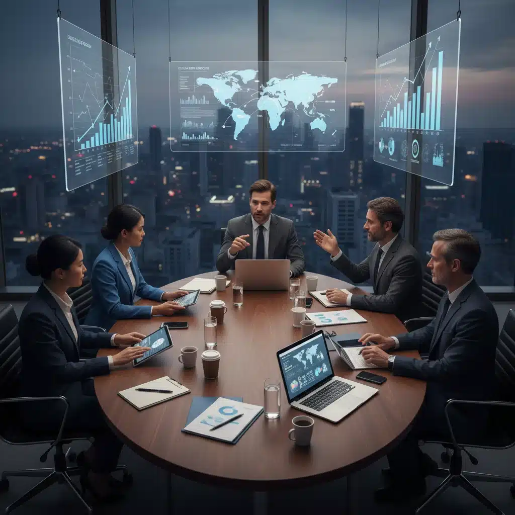 Business professionals analyzing economic data and future growth strategies.