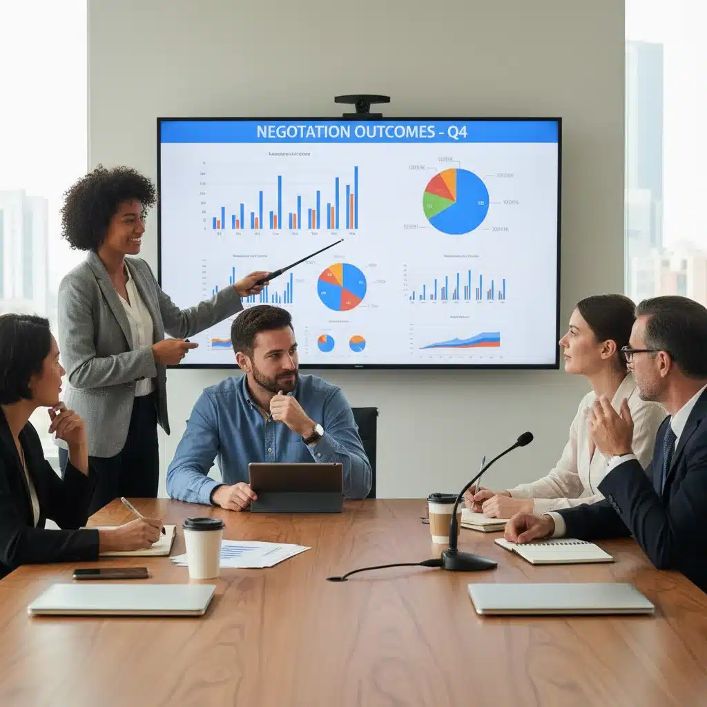 Team discussing negotiation strategies and communication techniques in a professional meeting.