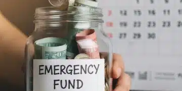 Person saving money in an emergency fund jar for future financial stability.