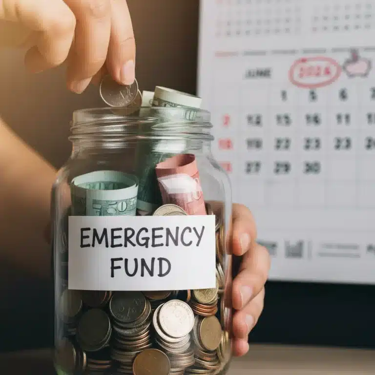 Person saving money in an emergency fund jar for future financial stability.