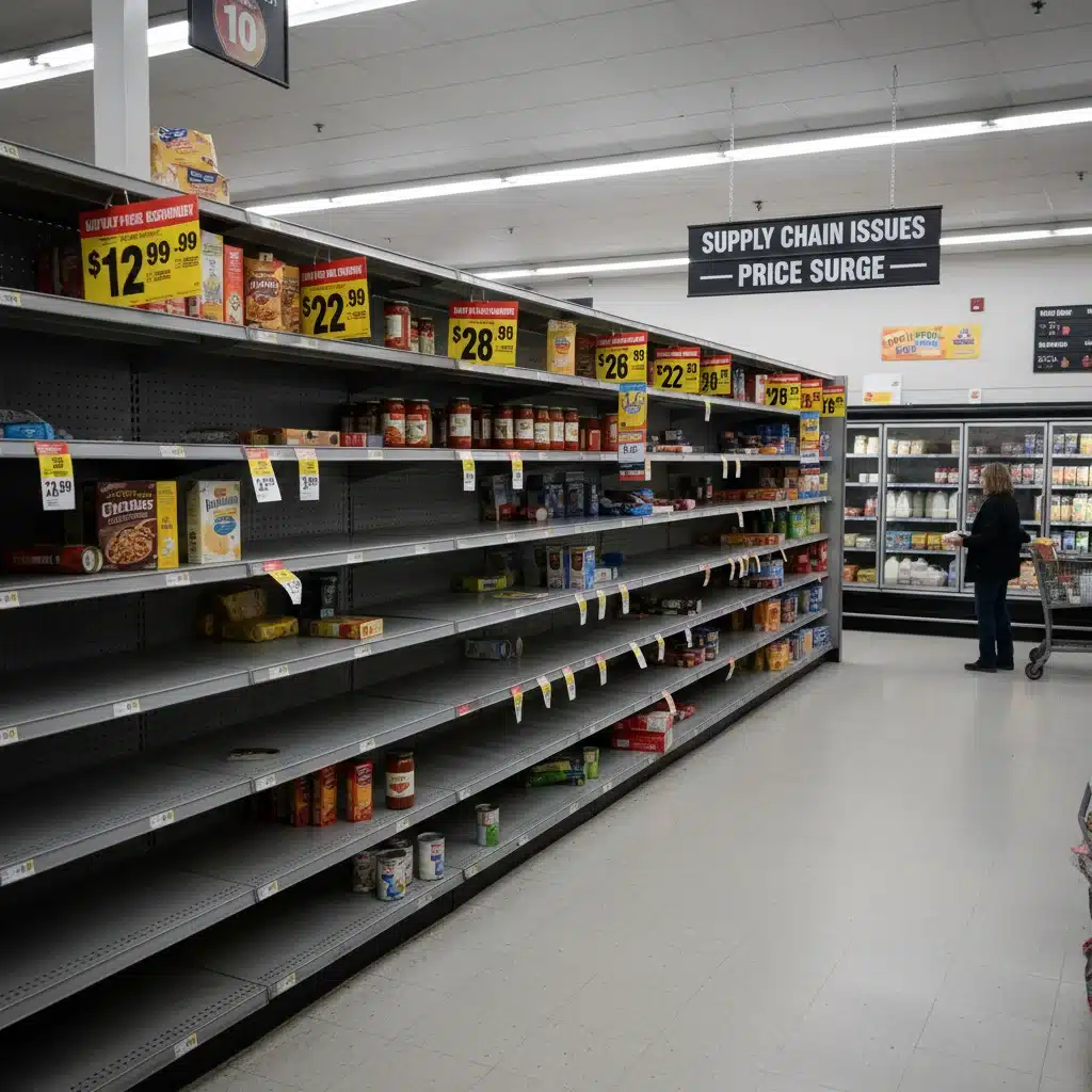 Empty grocery store shelves and rising food prices, illustrating economic impact