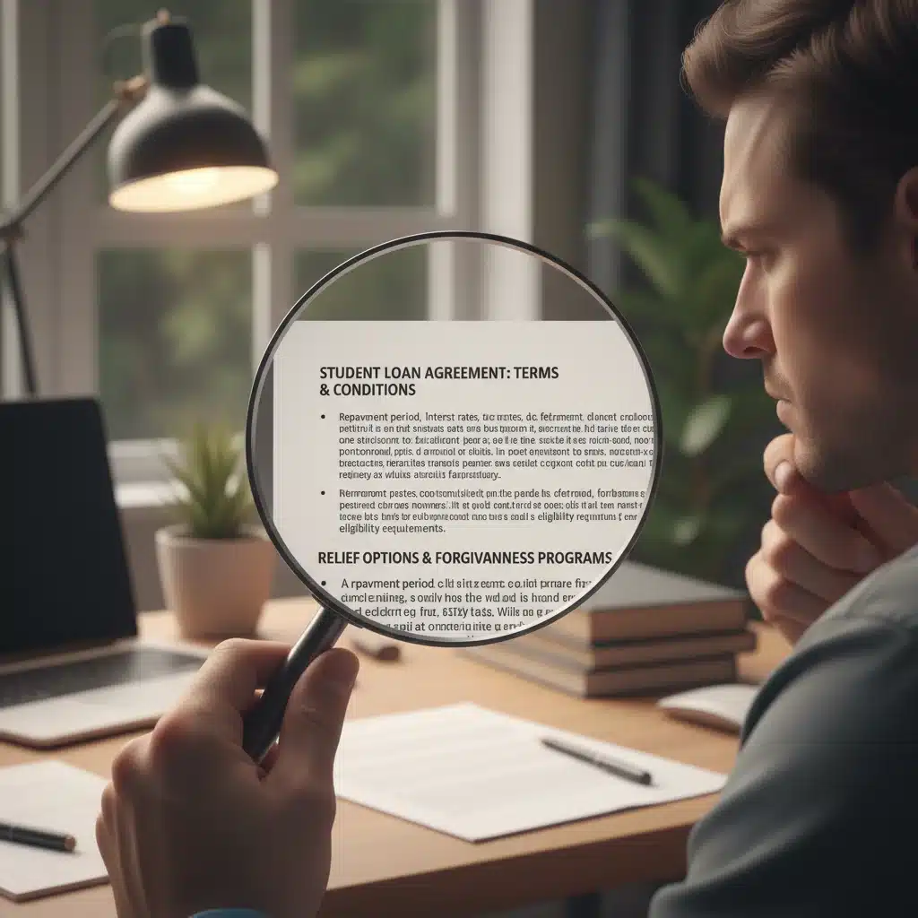 Person meticulously examining student loan documents and terms with a magnifying glass.