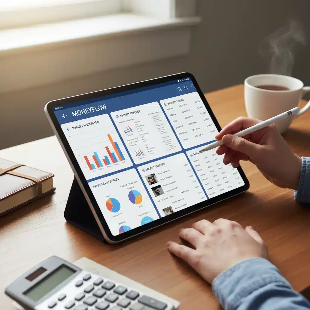 Person tracking expenses and budgeting on a digital tablet