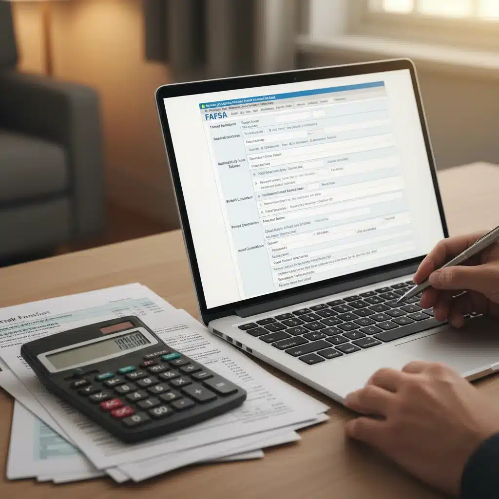 Hand filling out FAFSA form on laptop for financial aid