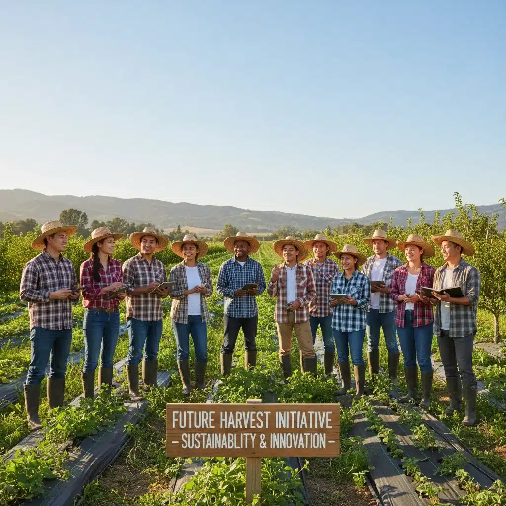 Farmers discussing sustainable agricultural practices and innovative solutions in a field