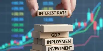 Hand placing 'Interest Rate' block on economic stack, symbolizing Federal Reserve policy changes.