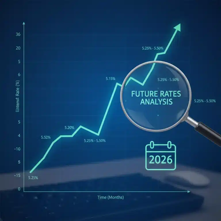 Financial graph showing rising interest rates with a focus on 2026 projections.