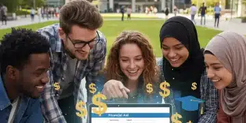 Students reviewing federal student aid information on a laptop with campus background