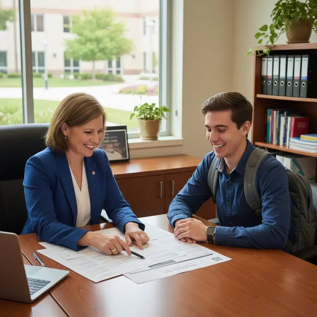 Financial aid advisor assisting a student with grant information.