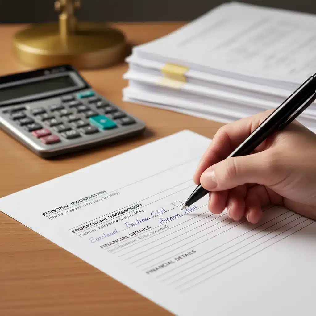 Hand filling out a financial aid application form