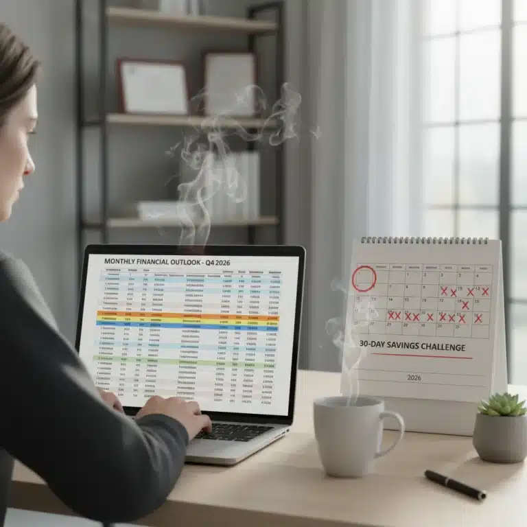 Person analyzing finances on laptop for 30-day expense cutting challenge 2026