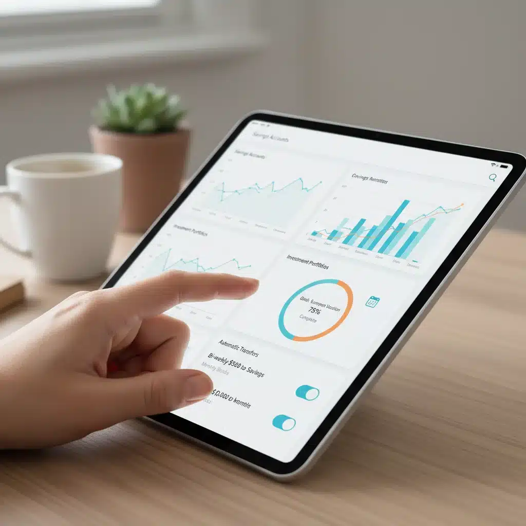 Financial app on tablet showing automated savings transfers and investment tracking.