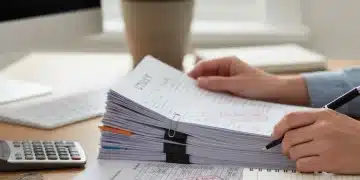 Hand organizing financial documents for debt management
