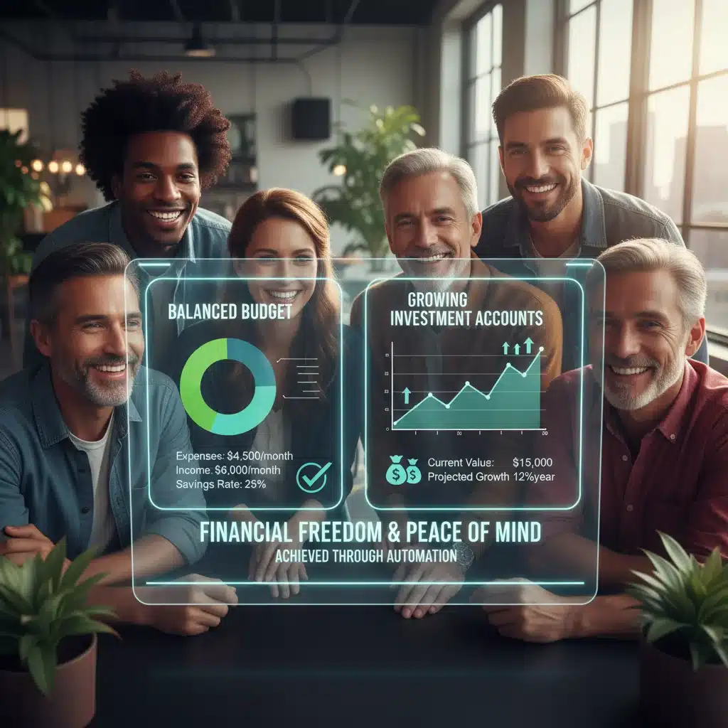 Diverse group achieving financial freedom through automated budgeting and investments.