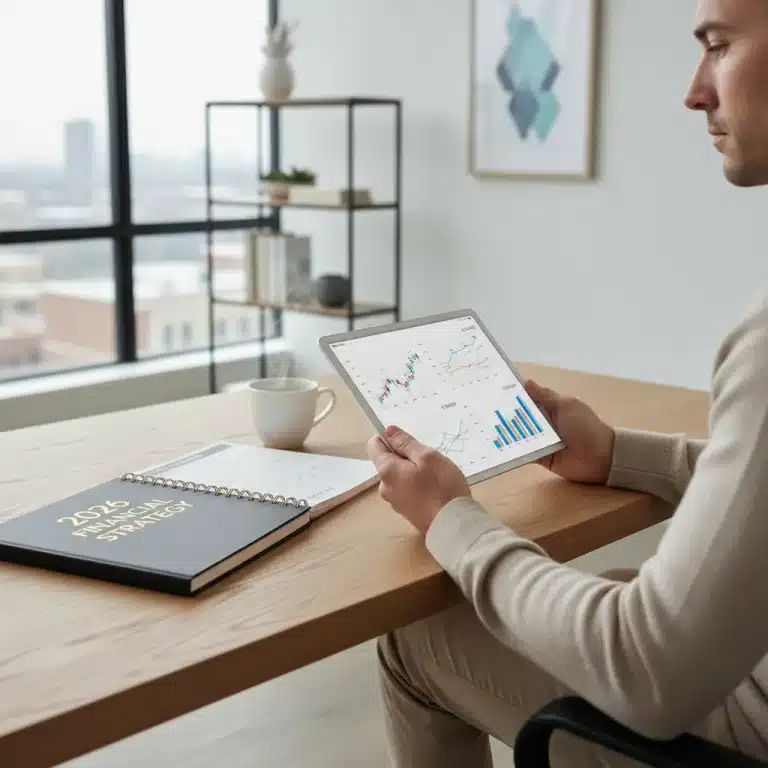 Person planning financial goals for 2026 on tablet with charts