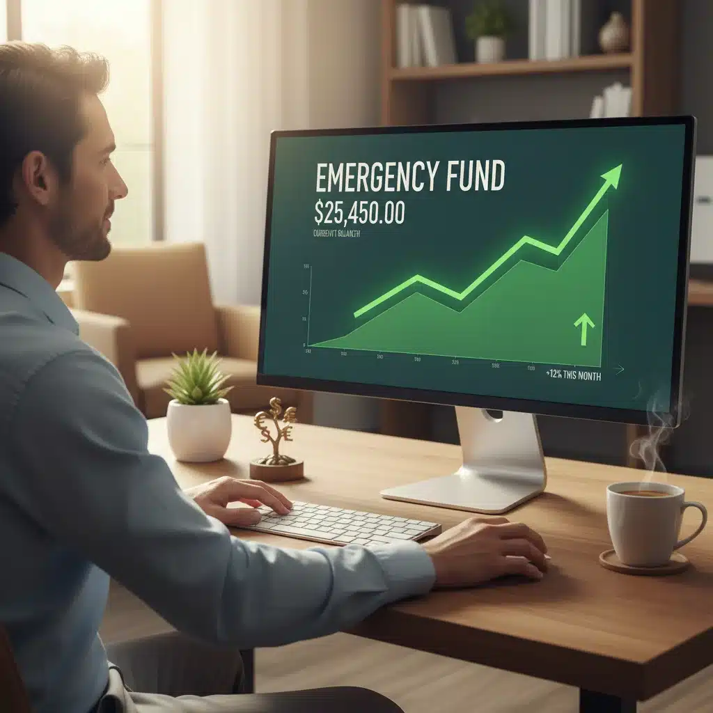 Individual reviewing healthy emergency fund balance on computer, feeling secure.