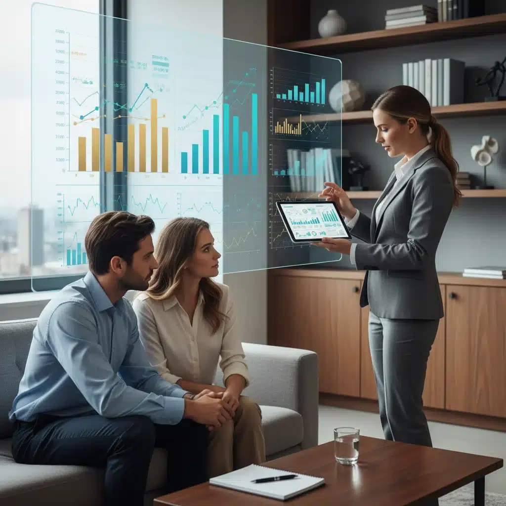 Financial advisor explaining economic data to a couple, highlighting strategies for interest rate changes.