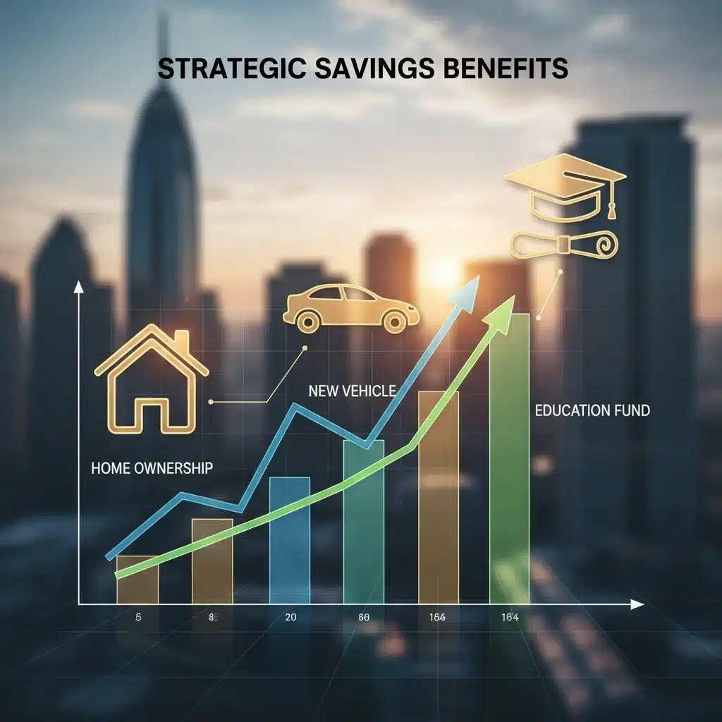 Financial planning chart showing growth and icons for savings goals like a house, car, and education.
