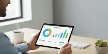 Person happily managing finances on a tablet with budgeting app