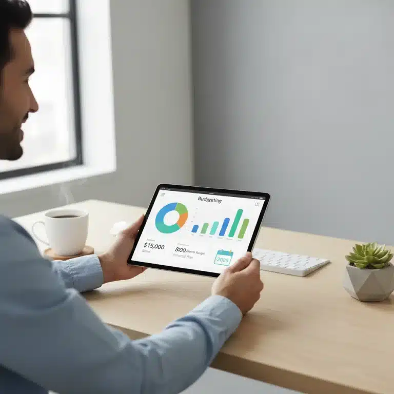 Person happily managing finances on a tablet with budgeting app