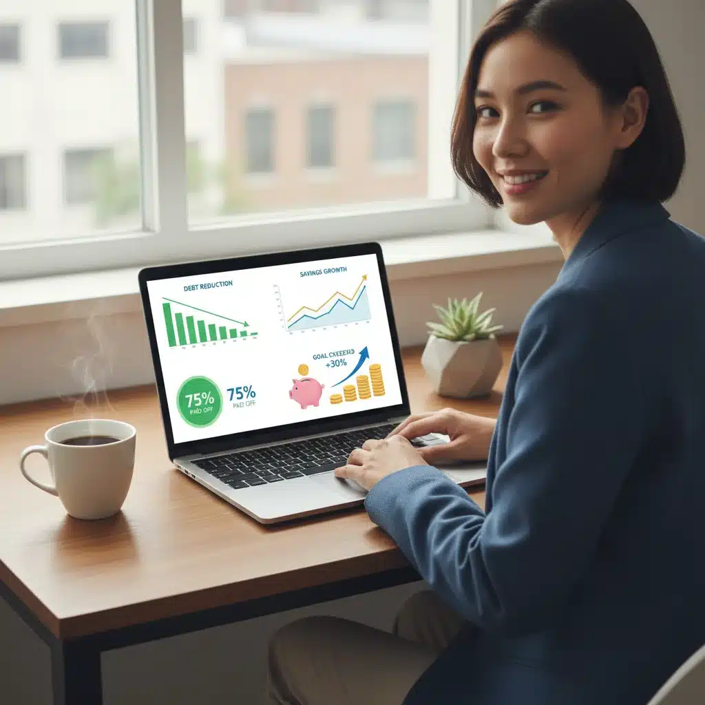 Person reviewing financial progress on a laptop, showing debt reduction