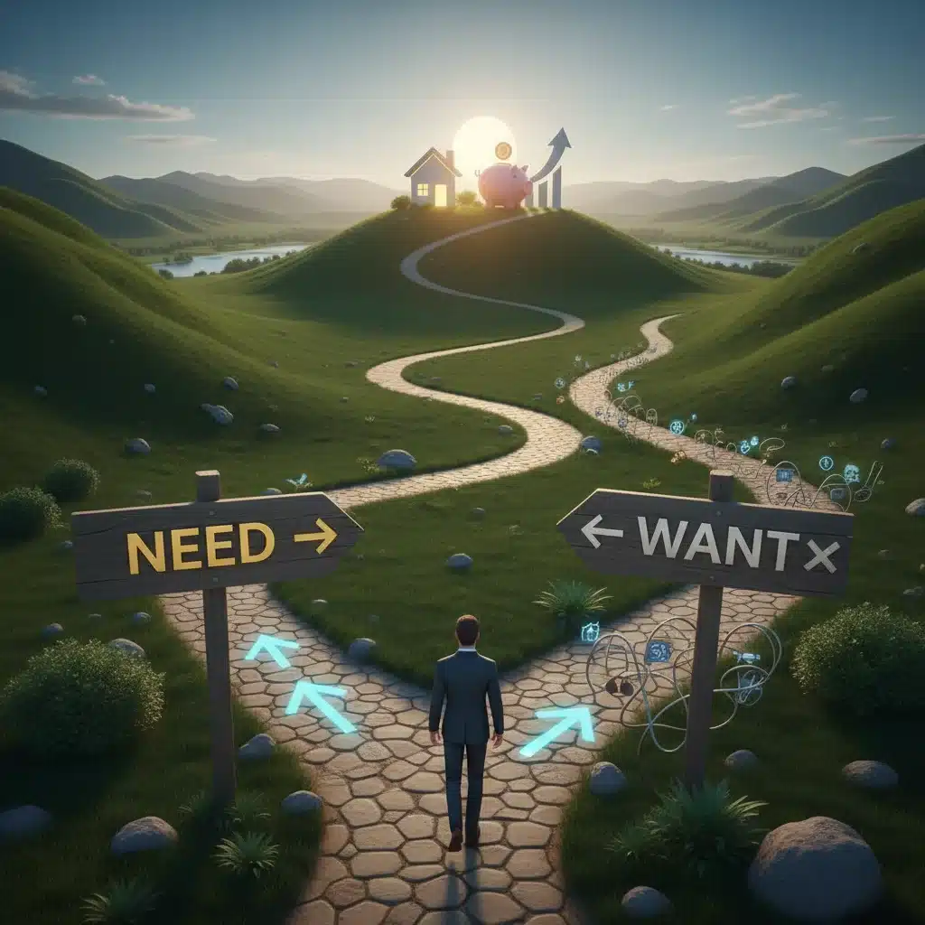 Financial roadmap with decision points for needs and wants