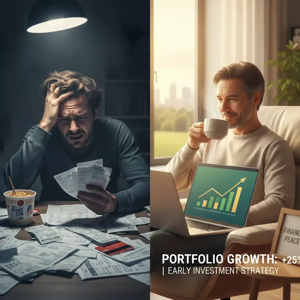 Contrast between stressed individual struggling with finances and relaxed individual with positive investment returns