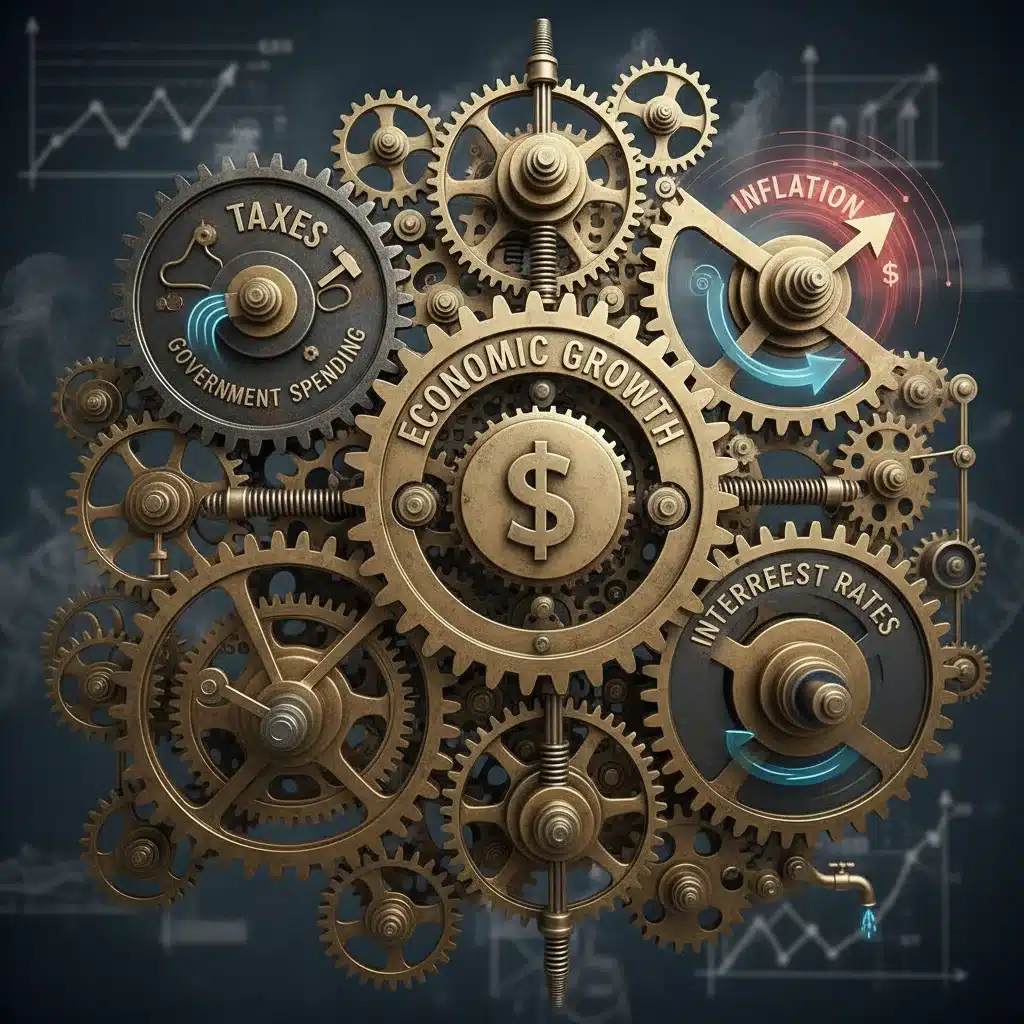 Interconnected gears representing the complex relationship between fiscal policy, taxes, spending, interest rates, inflation, and economic growth.