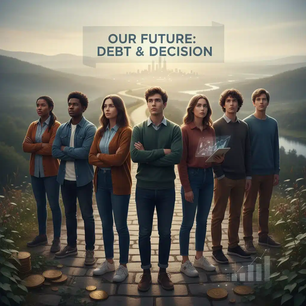 Young people contemplating future economic challenges and solutions