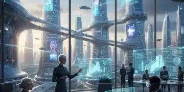 The Future of Work: How 5 Emerging Technologies are Reshaping US Careers by 2030 Futuristic office with holographic displays and diverse professionals collaborating, symbolizing the future of work.