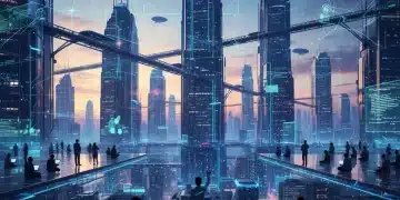 Futuristic cityscape with digital overlays, representing the innovative and opportunistic nature of the gig economy in 2026.