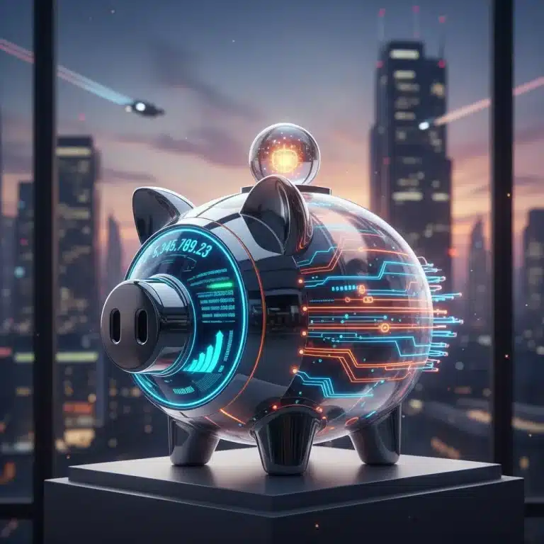 Futuristic piggy bank with digital interface displaying automated savings growth.