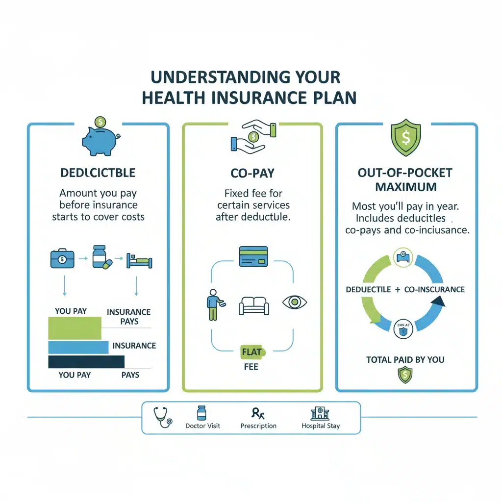 Infographic explaining health insurance deductibles, co-pays, and out-of-pocket maximums
