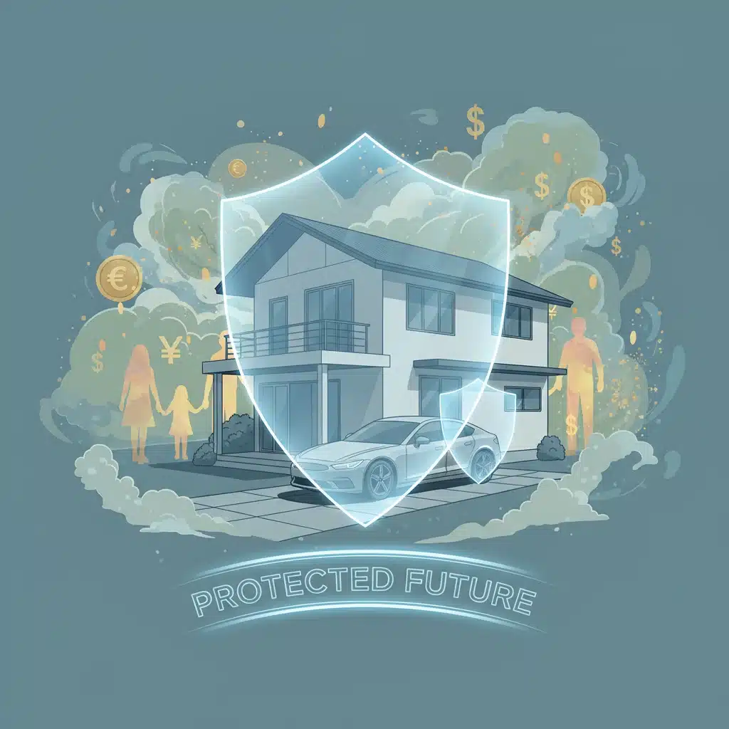 House and car protected by shields, symbolizing home and auto insurance financial security