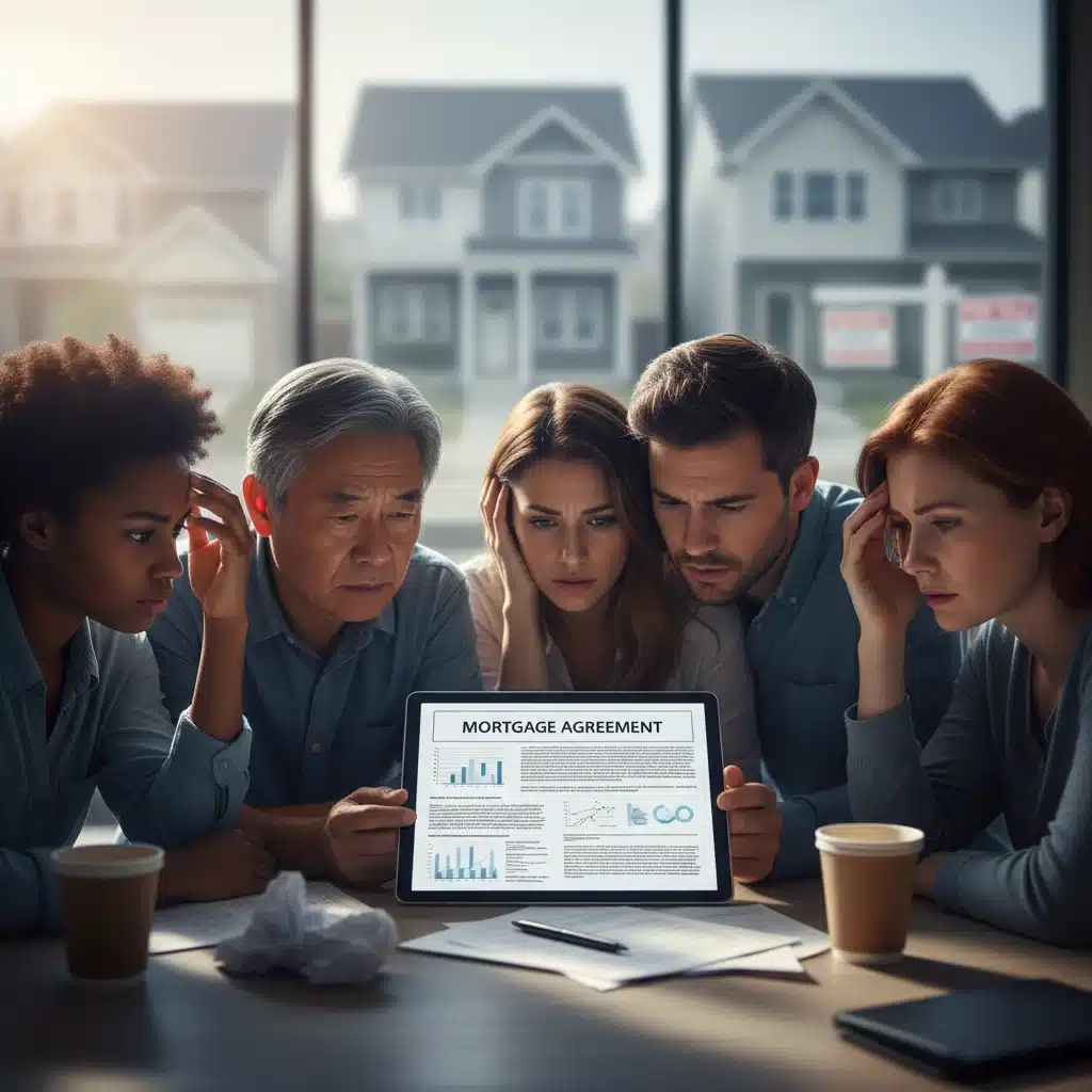 Stressed individuals reviewing mortgage documents, symbolizing housing affordability challenges and financial strain.