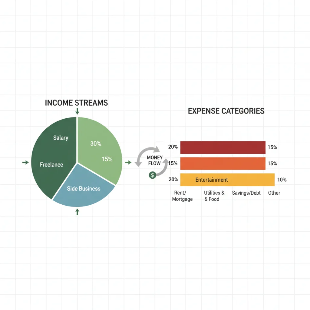 Illustration of income and expense tracking for budget