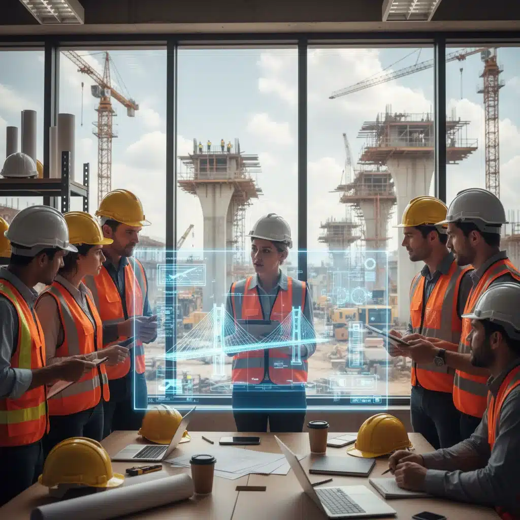 Construction workers and engineers planning a new bridge project